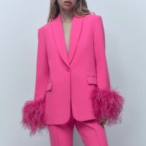 Zara Vibrant Pink Blazer with Feather Cuffs